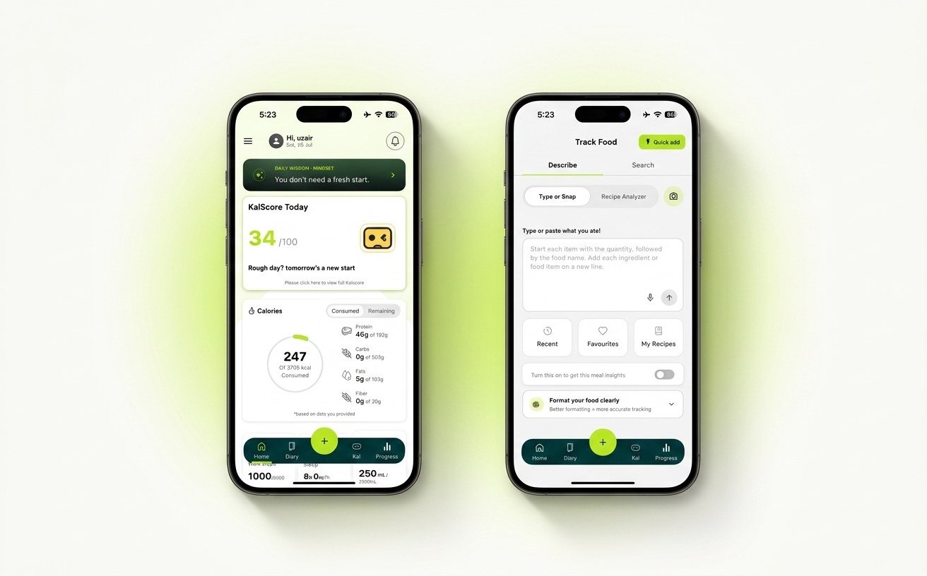 Two phones showing the Kalorist app — the daily KalScore dashboard and the AI food-tracking screen